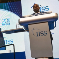 U.S. Secretary of Defense Lloyd Austin speaks during the 20th Shangri-La Dialogue Asia security conference in Singapore on Saturday. | AFP-JIJI