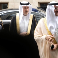 Saudi Arabia\'s minister of energy, Prince Abdulaziz bin Salman (right), arrives for the 35th OPEC ministerial meeting in Vienna on Sunday. | AFP-JIJI