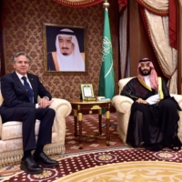Saudi Arabia\'s Crown Prince Mohammed bin Salman (left) meets with U.S. Secretary of State Antony Blinken in Jeddah, Saudi Arabia, on Wednesday. | REUTERS