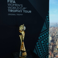 The FIFA Women’s World Cup trophy is displayed during an event in New York on April 14. | REUTERS