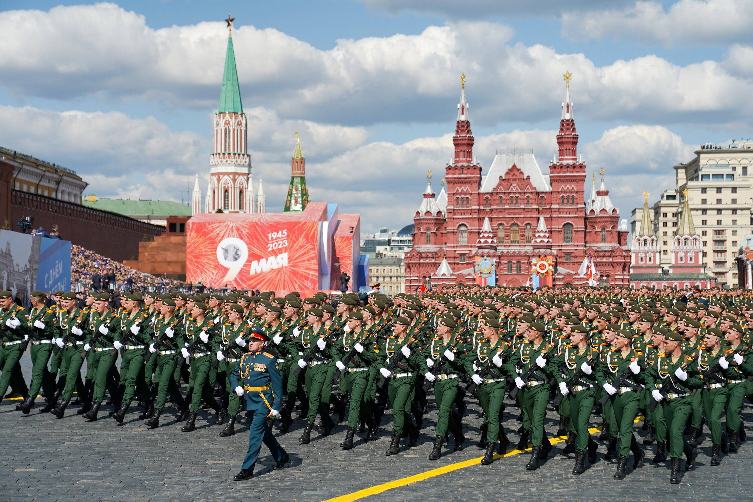 Russian service members take part in a military parade on Victory Day in Red Square in central Moscow on May 9. | Moscow News Agency / via REUTERS 