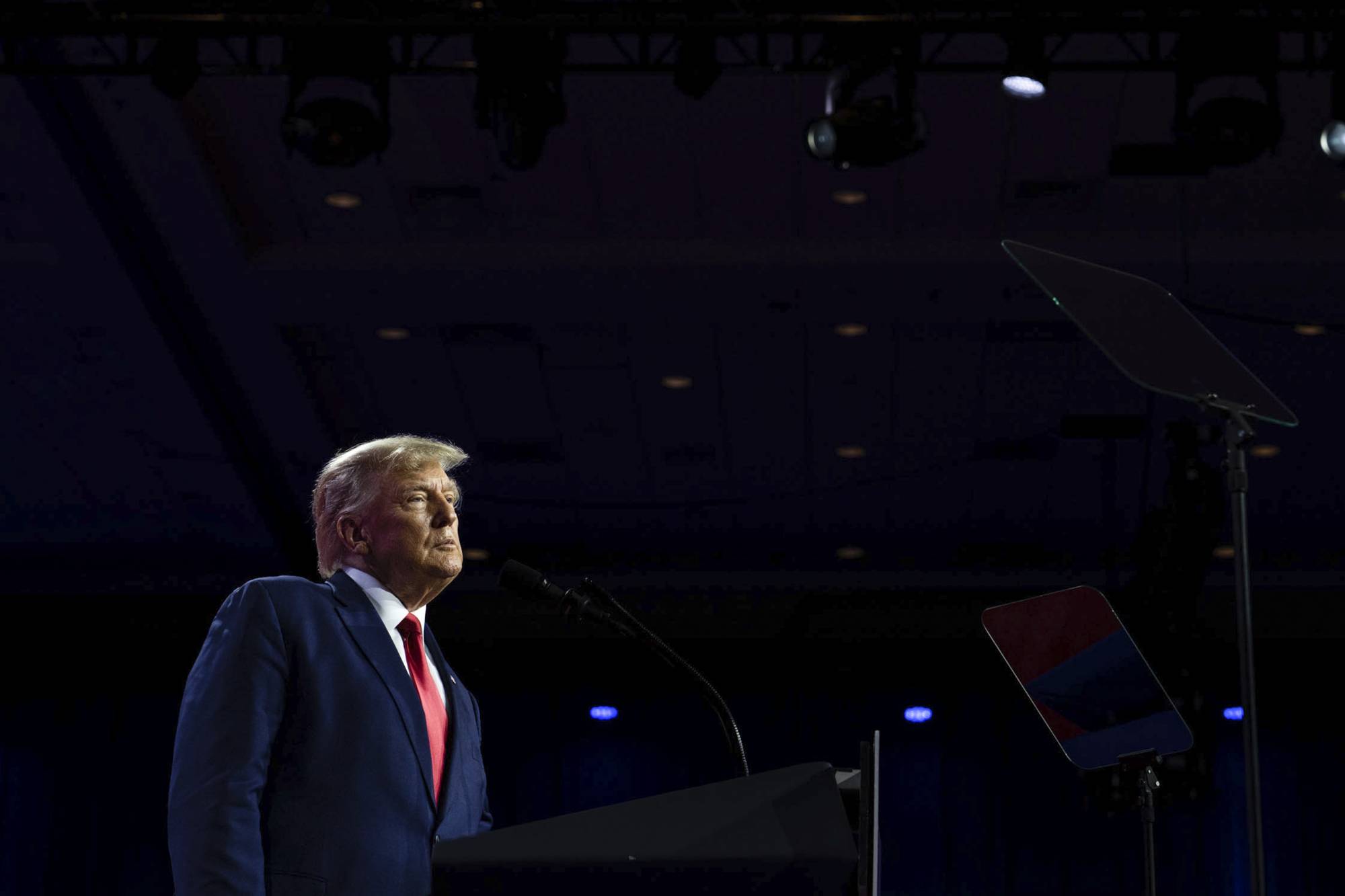 Former U.S. President Donald Trump speaks at an event in Maryland in March. The former president faces a formidable task defending against charges that he illegally kept top-secret U.S. documents, according to legal experts, who said neither the law nor the facts appear to be on his side. | HAIYUN JIANG / THE NEW YORK TIMES