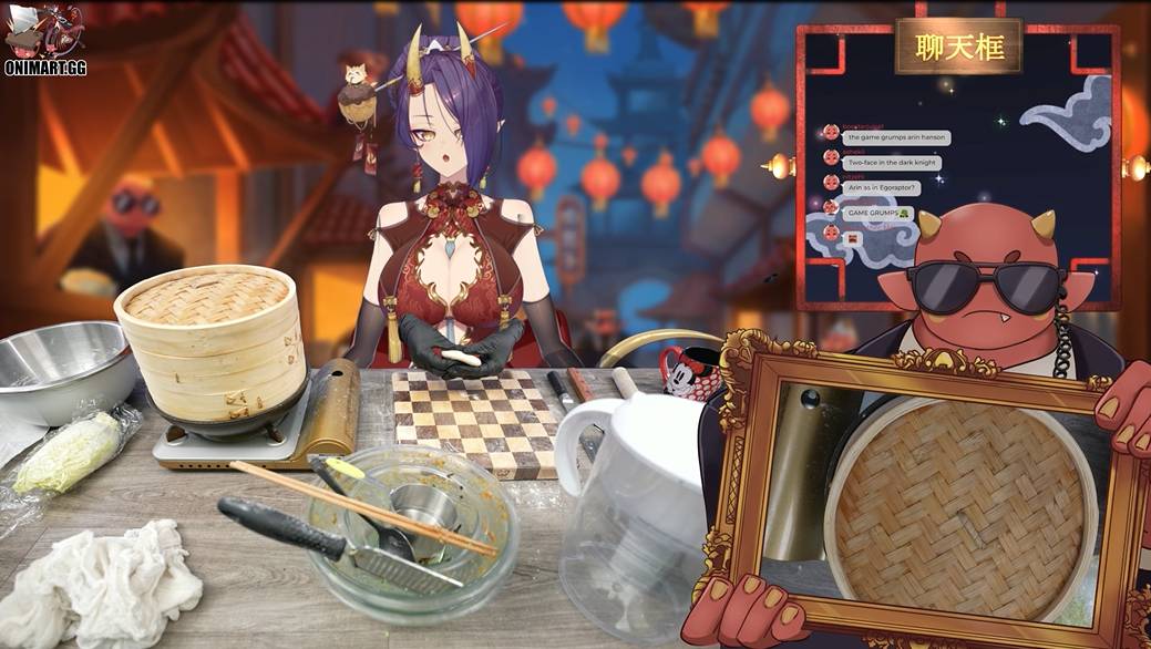 Using a blue screen, an anime avatar and her real hands (visible in black gloves at the far end of the countertop), VTuber OniGiri prepares meals live in front of her online community. | COURTESY OF GEEXPLUS
