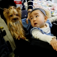 A 9-month-old baby girl and 11-year-old pet dog sit in a stroller at Interpets, an international fair for pet-related products and services, in Tokyo in March 2022. | REUTERS