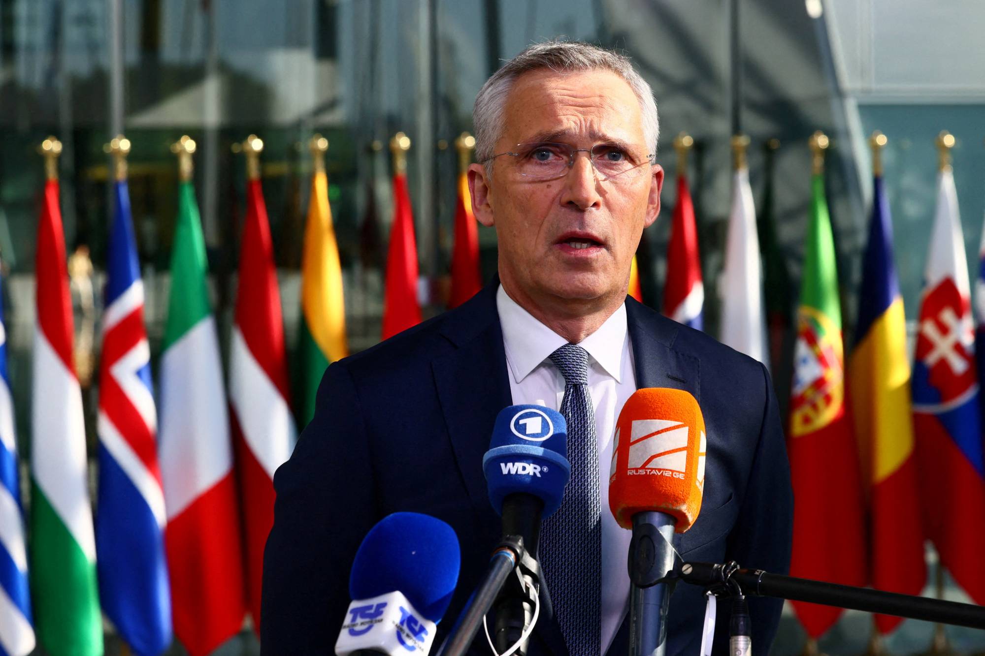 NATO Secretary-General Jens Stoltenberg gives a statement on the day of a NATO defense ministers' meeting at the alliance's headquarters in Brussels on Thursday. | REUTERS