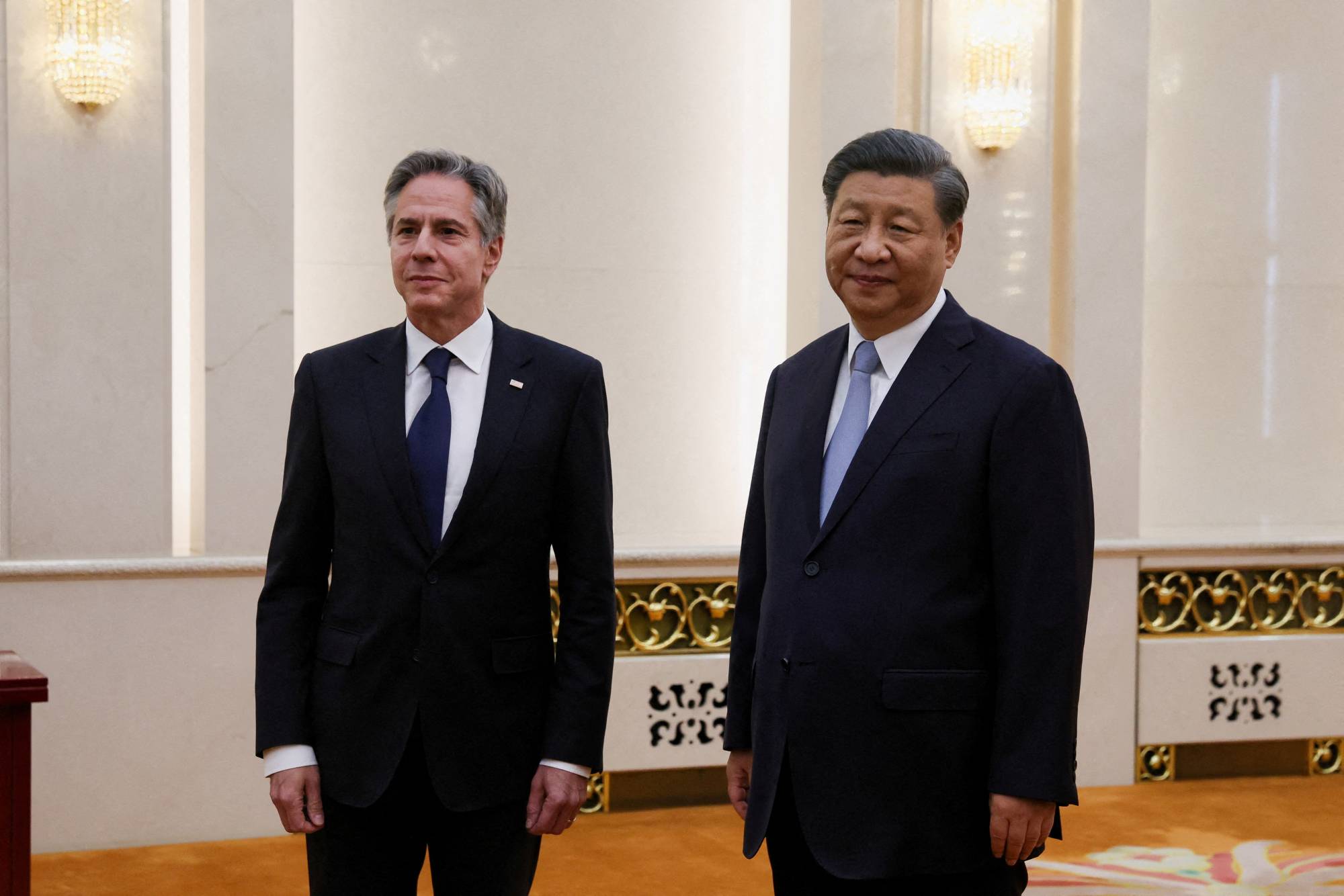 U.S. Secretary of State Antony Blinken meets with Chinese President Xi Jinping in the Great Hall of the People in Beijing on Monday.  | POOL / VIA REUTERS