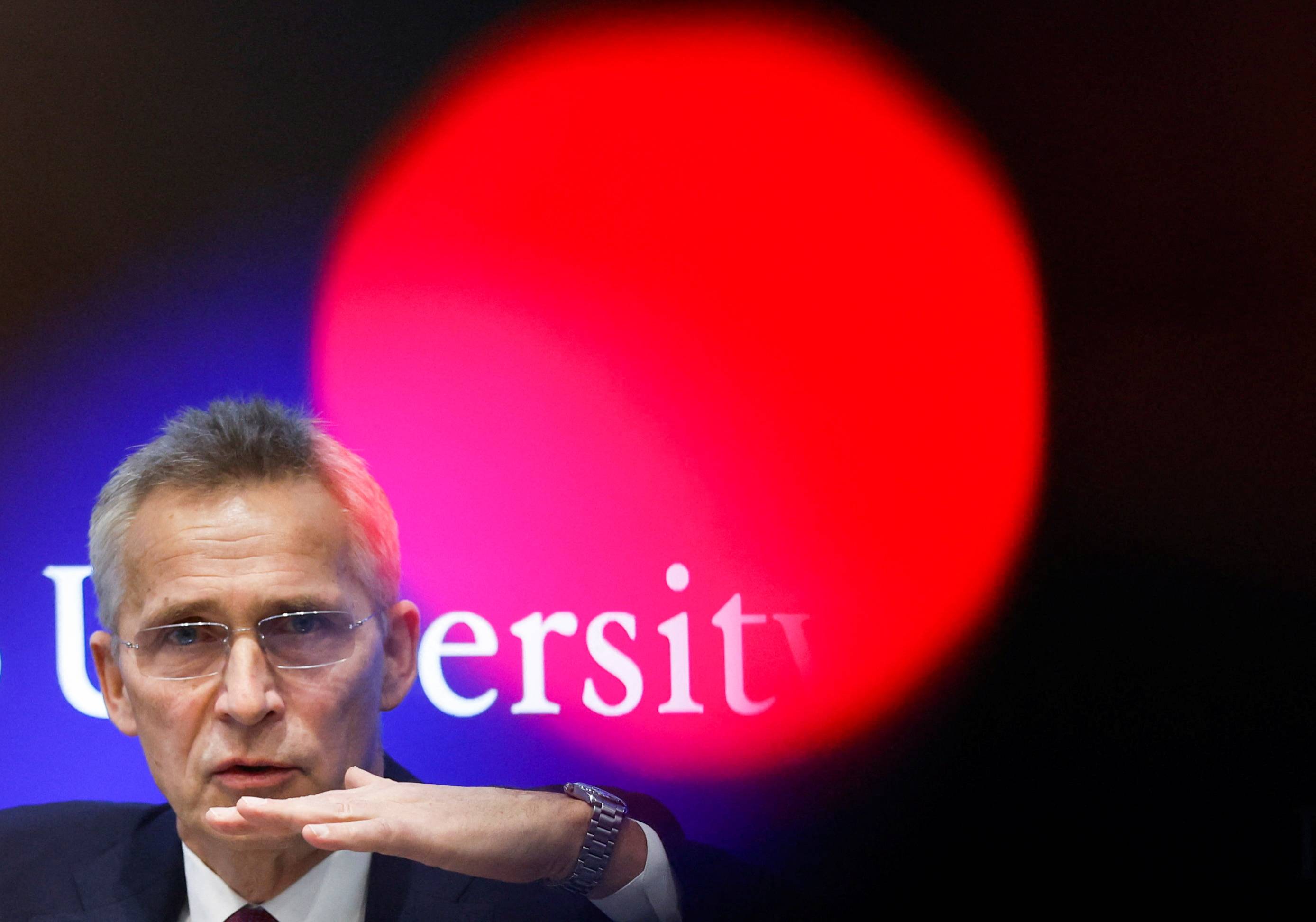 NATO Secretary-General Jens Stoltenberg speaks during a panel discussion and dialogue with students at Keio University in Tokyo on Feb. 1. | REUTERS