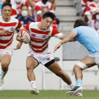 Fly-half Lee Seung-sin makes his test debut for the Brave Blossoms against Uruguay in Kitakyushu on June 25, 2022. | KYODO
