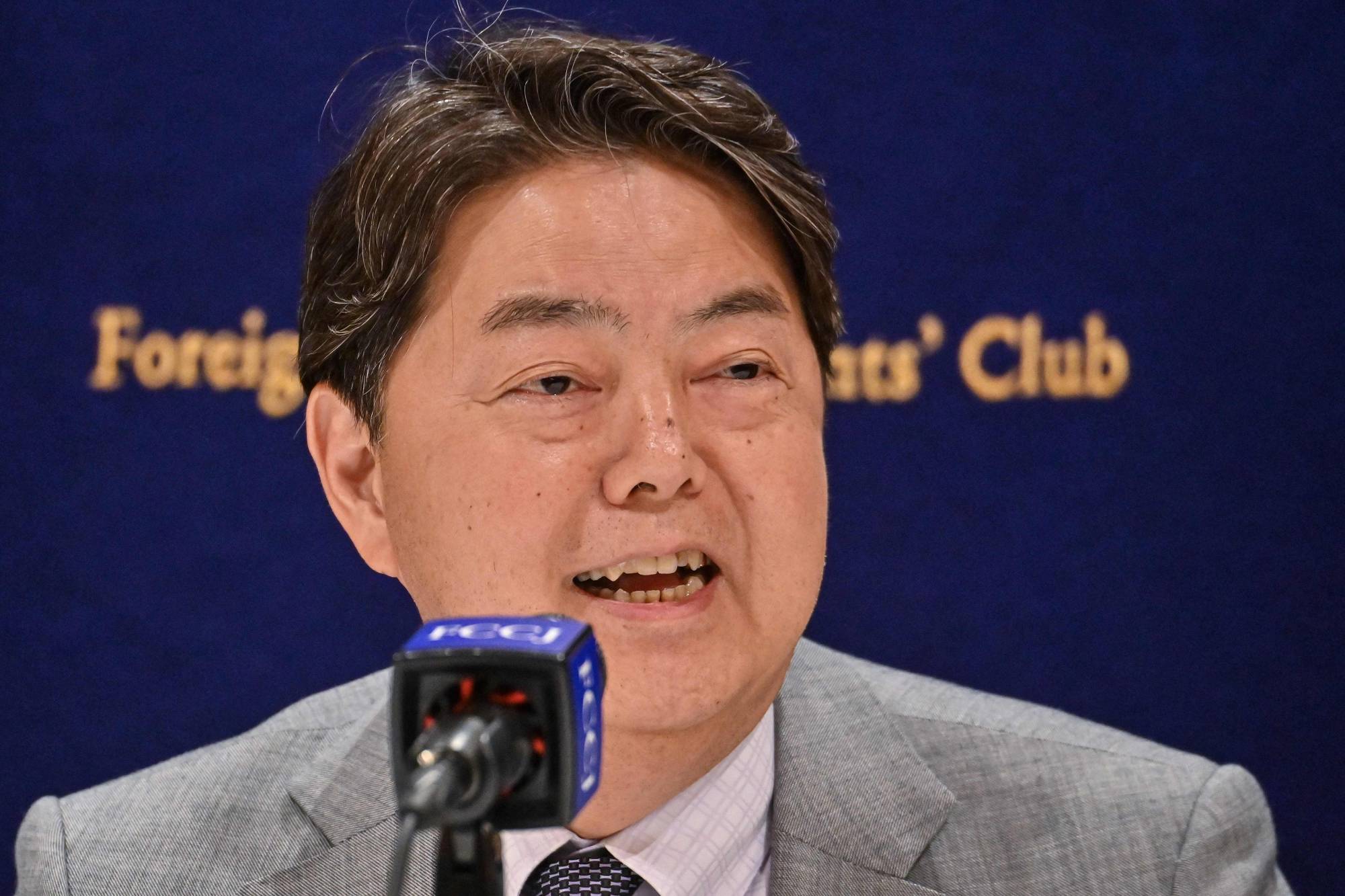 Foreign Minister Yoshimasa Hayashi speaks to reporters in Tokyo on June 2.  | AFP-JIJI