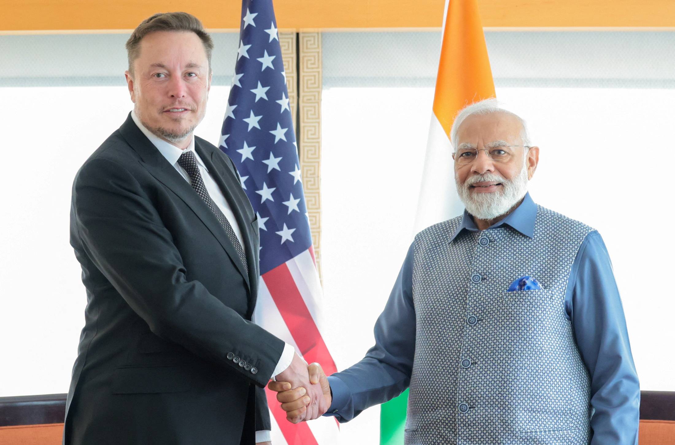 Indian Prime Minister Narendra Modi meets with Tesla chief executive Elon Musk in New York City on Tuesday. | INDIA'S PRESS INFORMATION BUREAU / VIA REUTERS