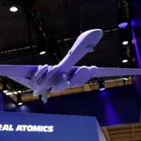 An MQ-9B SeaGuardian drone model is displayed at the 54th International Paris Airshow at Le Bourget Airport, near the French capital, on Wednesday. | REUTERS
