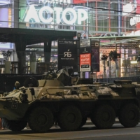 An armored vehicle next to a shopping mall in the southern city of Rostov-on-Don, Russia, on Saturday.  | REUTERS