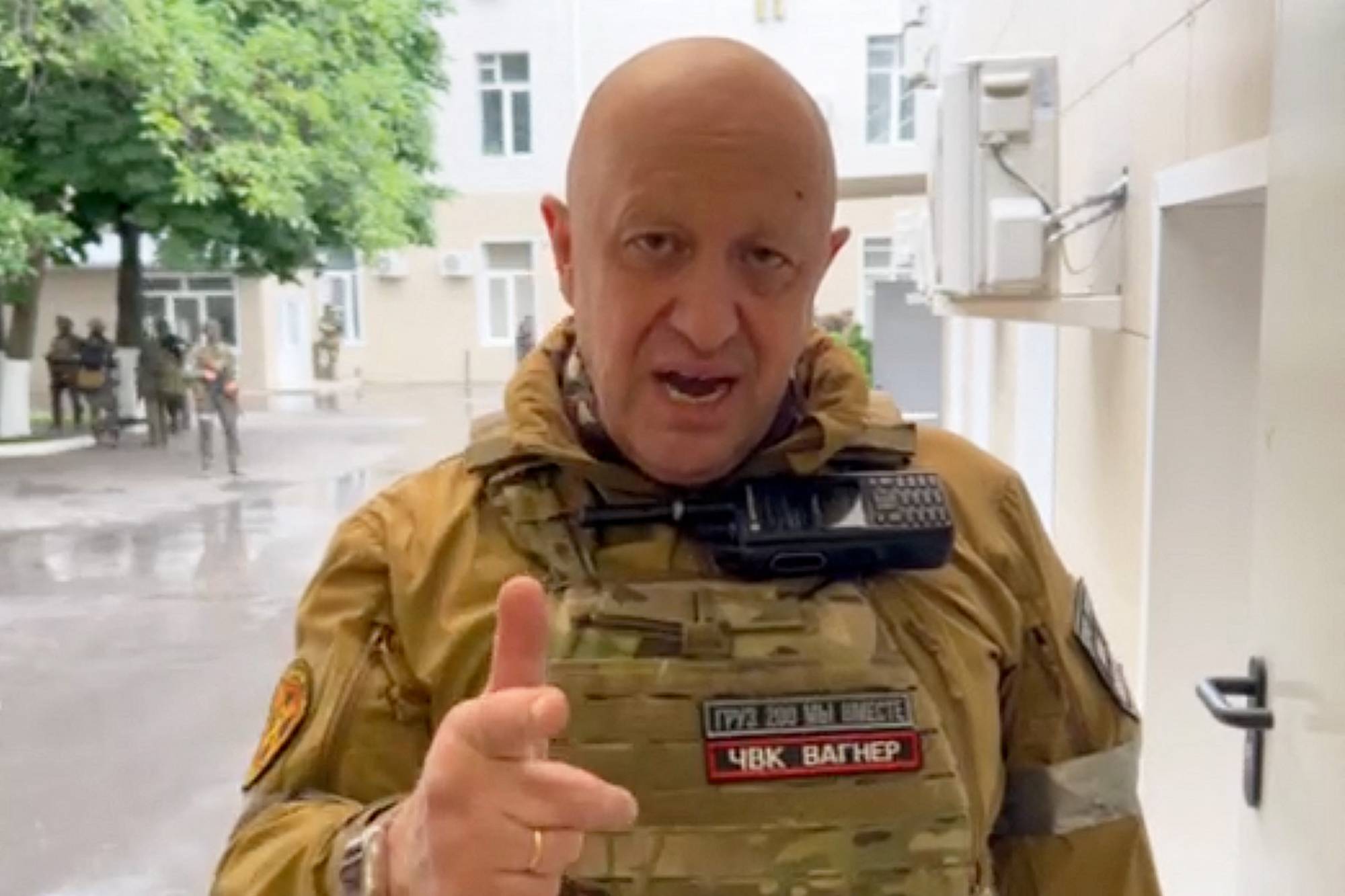 Yevgeny Prigozhin, head of Russian mercenary group Wagner, speaks inside the headquarters of the Russian southern military district in the city of Rostov-on-Don in this screen shot taken from video on Saturday. | TELEGRAM / @concordgroup_official / AFP-JIJI 