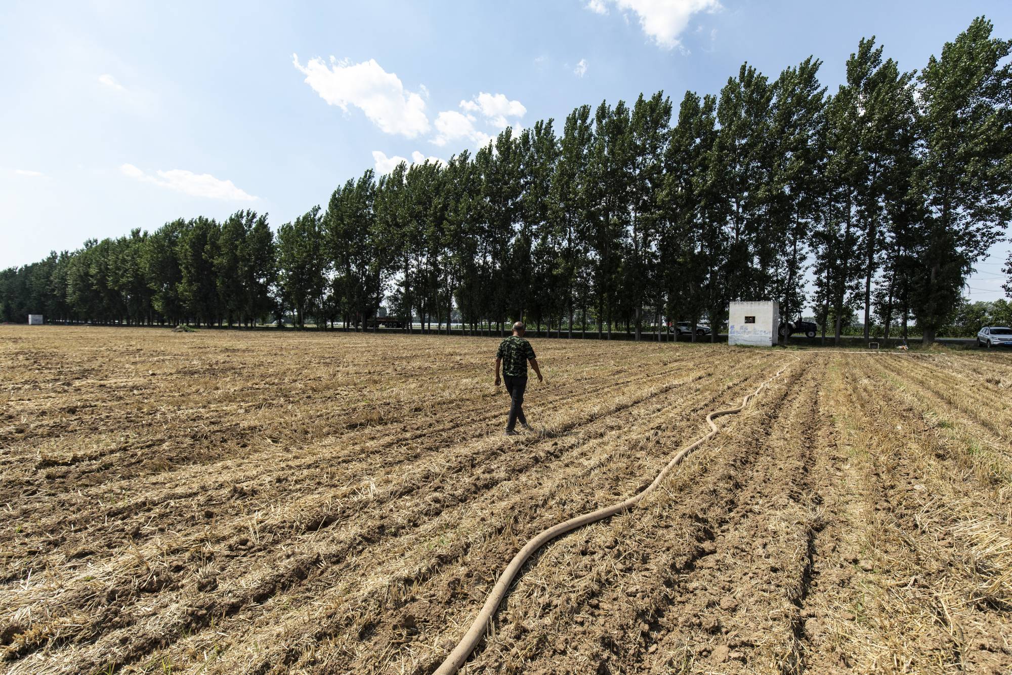 A farmer watering a recently harvested wheat field in Luohe, China, on June 15. | Qilai Shen / The New York Times