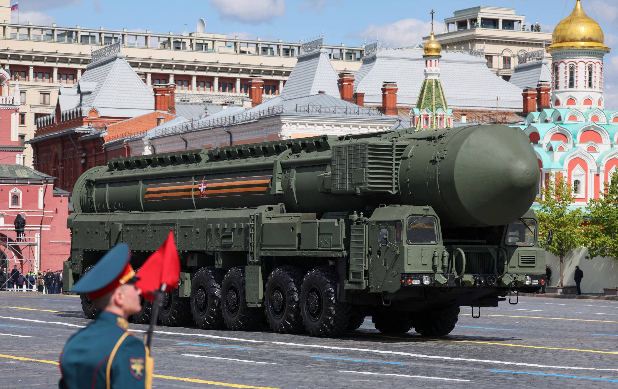 An intercontinental ballistic missile system drives in Red Square during a military parade in Moscow on May 9.  | SPUTNIK / POOL / VIA REUTERS