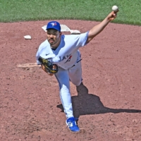 Blue Jays starter Yusei Kikuchi pitches against the Athletics during the fifth inning at Rogers Centre in Toronto on Sunday. | USA TODAY / VIA REUTERS