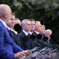 NATO Secretary-General Jens Stoltenberg (center) attends a news conference with some NATO country leader at The Hague on Tuesday. | AFP-JIJI