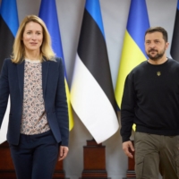 Estonian Prime Minister Kaja Kallas and Ukrainian President Volodymyr Zelenskyy attend a joint news briefing in April. | UKRAINIAN PRESIDENTIAL PRESS SERVICE / VIA REUTERS