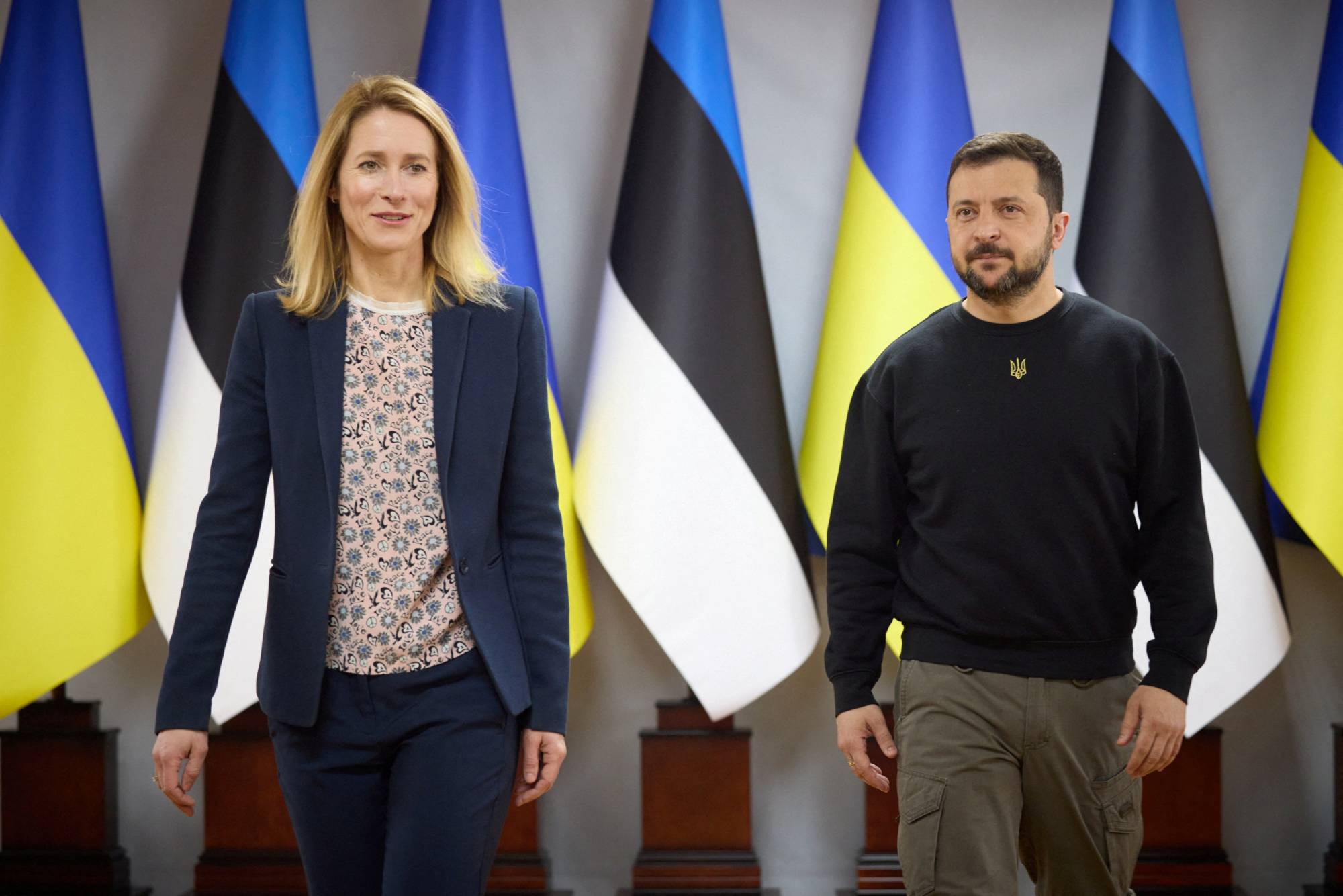 Estonian Prime Minister Kaja Kallas and Ukrainian President Volodymyr Zelenskyy attend a joint news briefing in April. | Ukrainian Presidential Press Service / via REUTERS