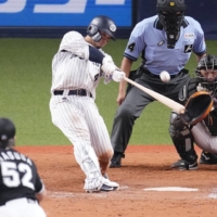 Orix\'s Tomoya Mori hits a walk-off homer against the Chiba Lotte Marines on Tuesday at Kyocera Dome in Osaka.  | KYODO 