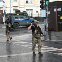Fighters from the Wagner private mercenary group in the city of Rostov-on-Don, Russia, on Saturday. | REUTERS