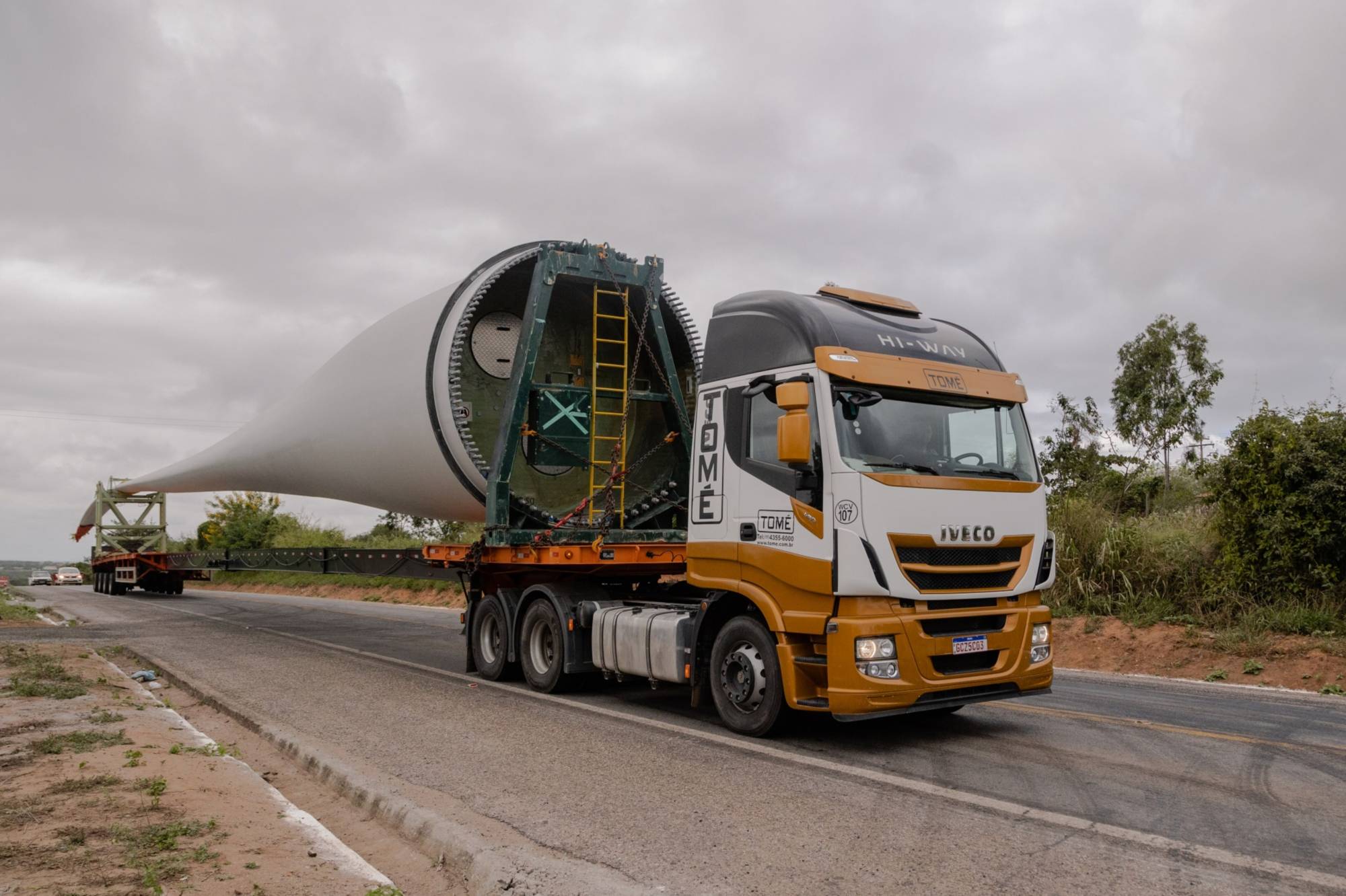 Large trucks haul wind turbine pieces out to the expanding wind farms near Morro do Chapeu, Bahia, Brazil. | Bloomberg