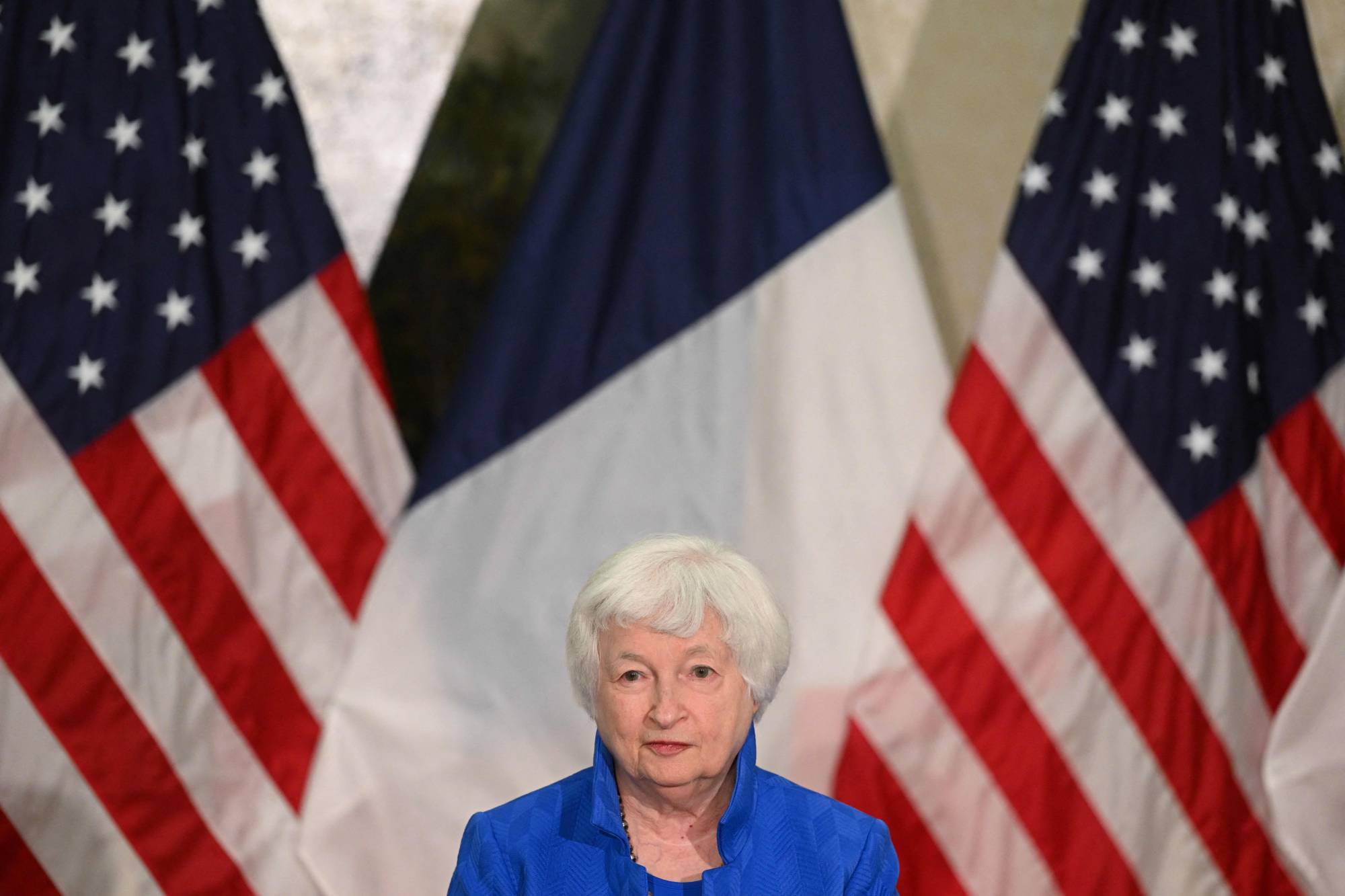 U.S. Treasury Secretary Janet Yellen delivers remarks during a news conference at the U.S. Embassy in Paris on June 22. | AFP-JIJI
