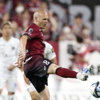 Andres Iniesta clears the ball during Kobe\'s game against Sapporo on Saturday. | KYODO
