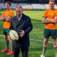 The Rugby Championship will offer observers a first look at what returning head coach Eddie Jones (center) is preparing for the upcoming Rugby World Cup in France. | REUTERS
