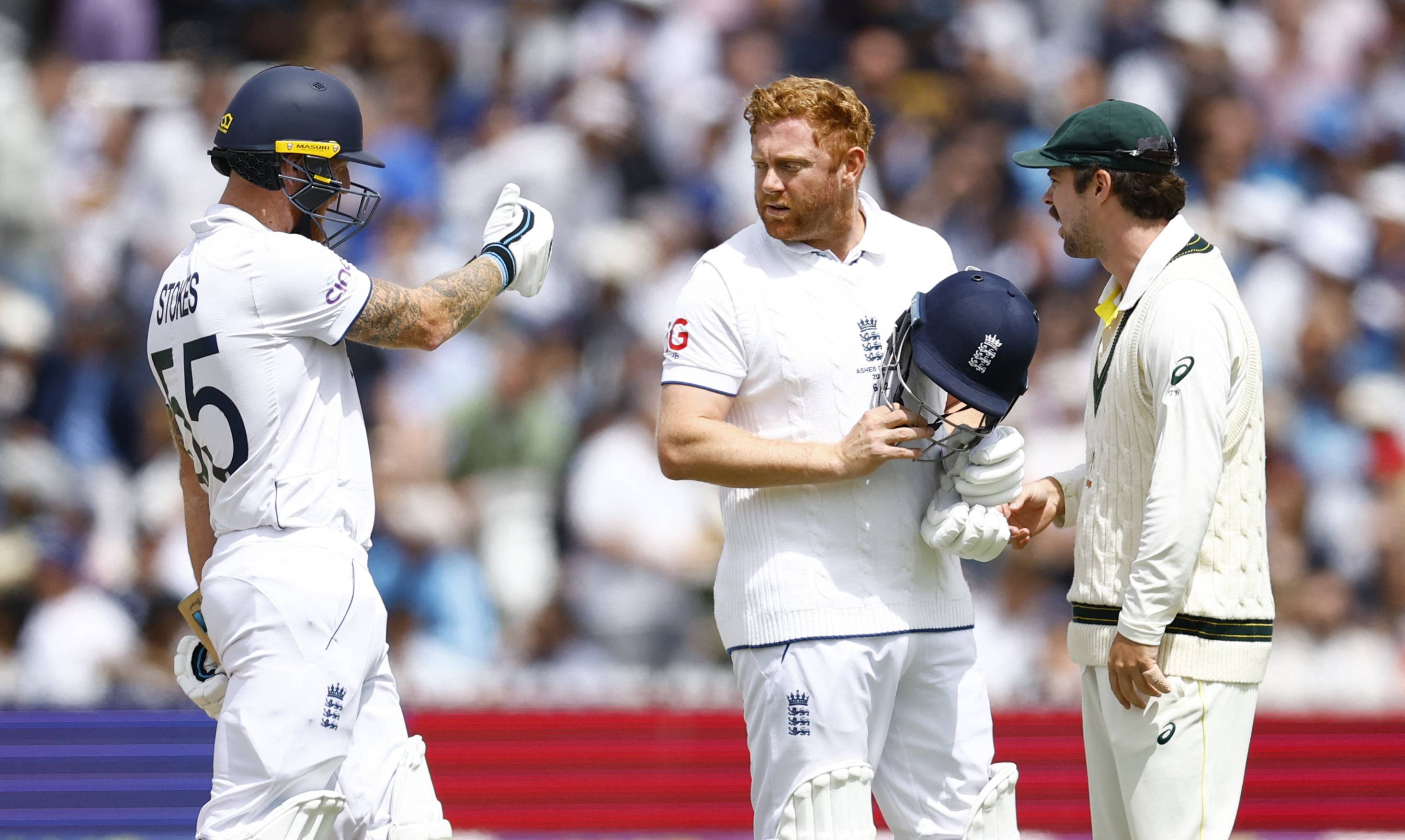 The running out of England's Jonny Bairstow (center) during the second Ashes test in London on Sunday has quickly become one of the rivalry's most controversial moments. | REUTERS