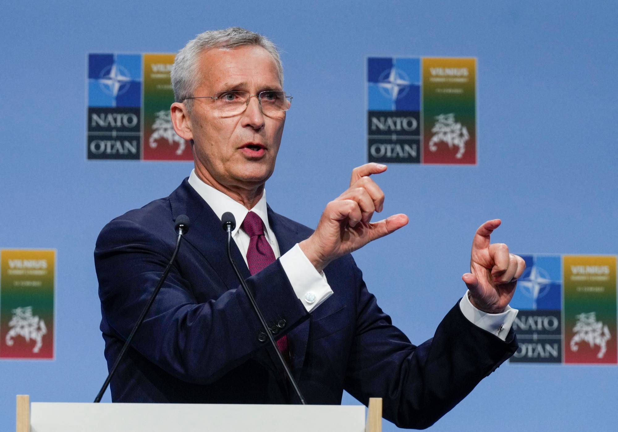 NATO Secretary-General Jens Stoltenberg holds a news conference during a NATO summit in Vilnius, Lithuanian, on Tuesday.  | REUTERS 