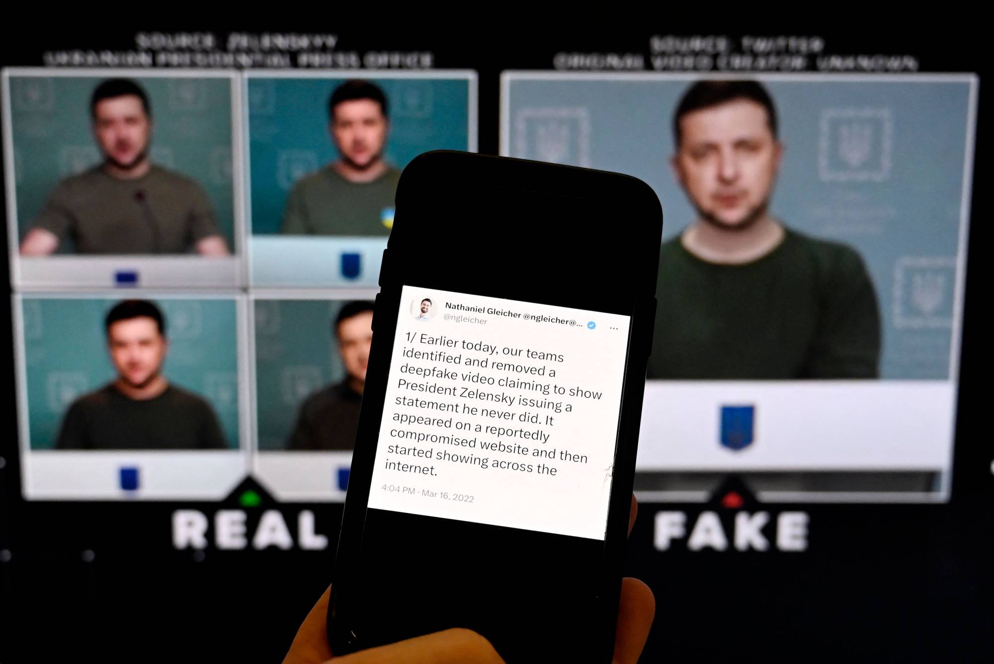 A statement from the head of security policy at Meta Platforms, with a fake video of Ukrainian President Volodymyr Zelenskyy. | AFP-JIJI