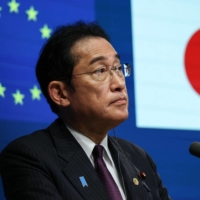 Prime Minister Fumio Kishida during a news conference at the EU-Japan summit in Brussels on Thursday  | BLOOMBERG 