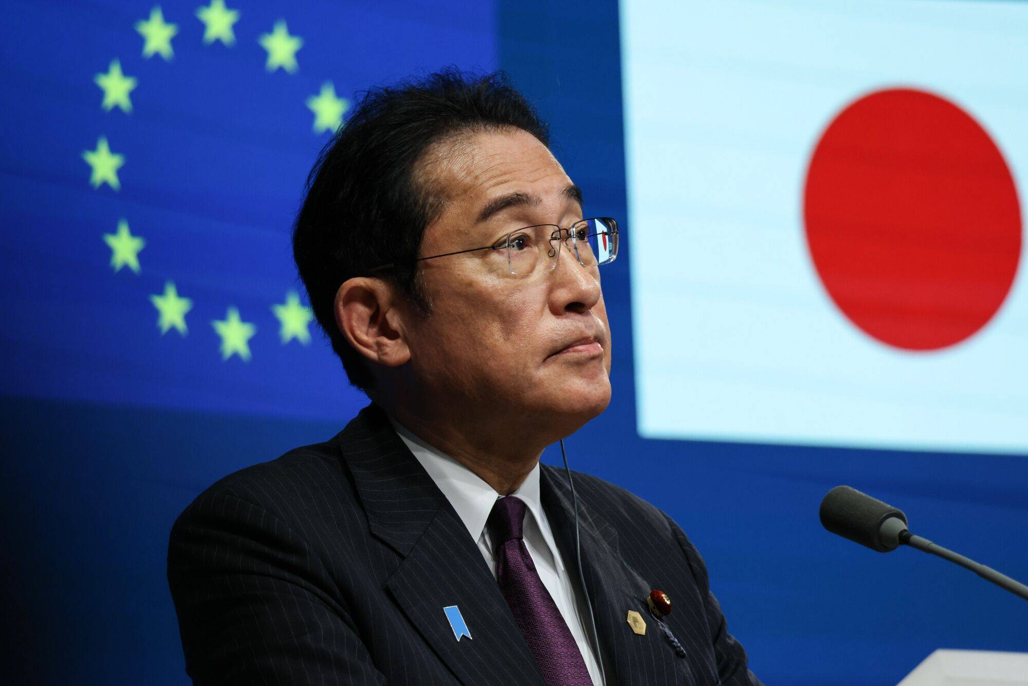 Prime Minister Fumio Kishida during a news conference at the EU-Japan summit in Brussels on Thursday | Bloomberg 