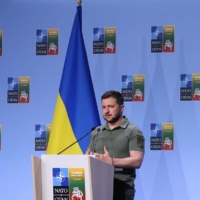 Ukrainian President Volodymyr Zelenskyy during a news conference on the closing day of the annual NATO Summit in Vilnius, Lithuania, on Wednesday. | BLOOMBERG