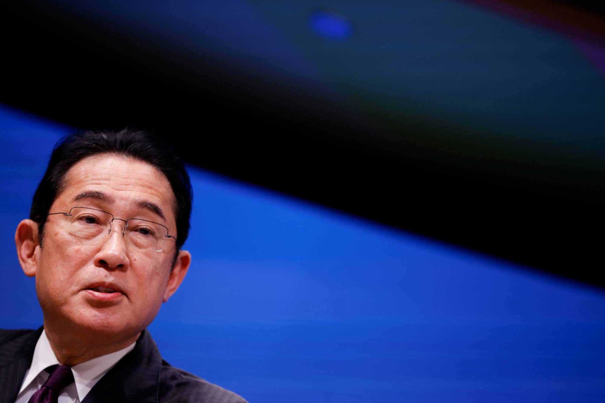 Prime Minister Fumio Kishida holds a news conference during the EU-Japan summit in Brussels on Thursday.  | REUTERS
