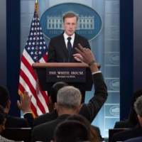 U.S. national security adviser Jake Sullivan takes questions during a daily press briefing at the White House in Washington in April. | AFP-JIJI