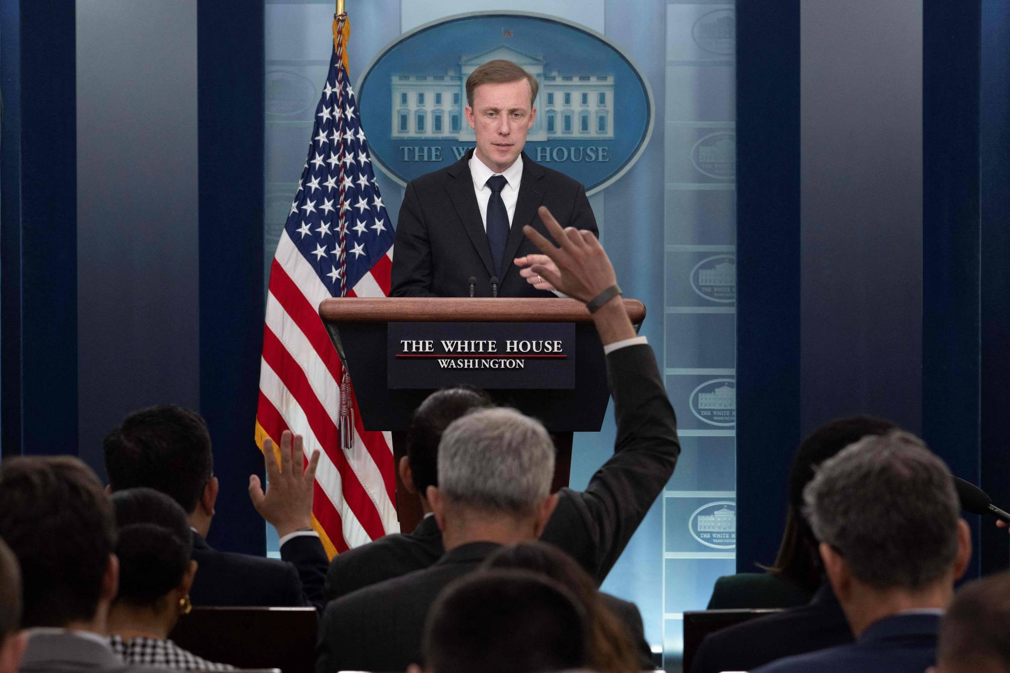 U.S. national security adviser Jake Sullivan takes questions during a daily press briefing at the White House in Washington in April. | AFP-JIJI