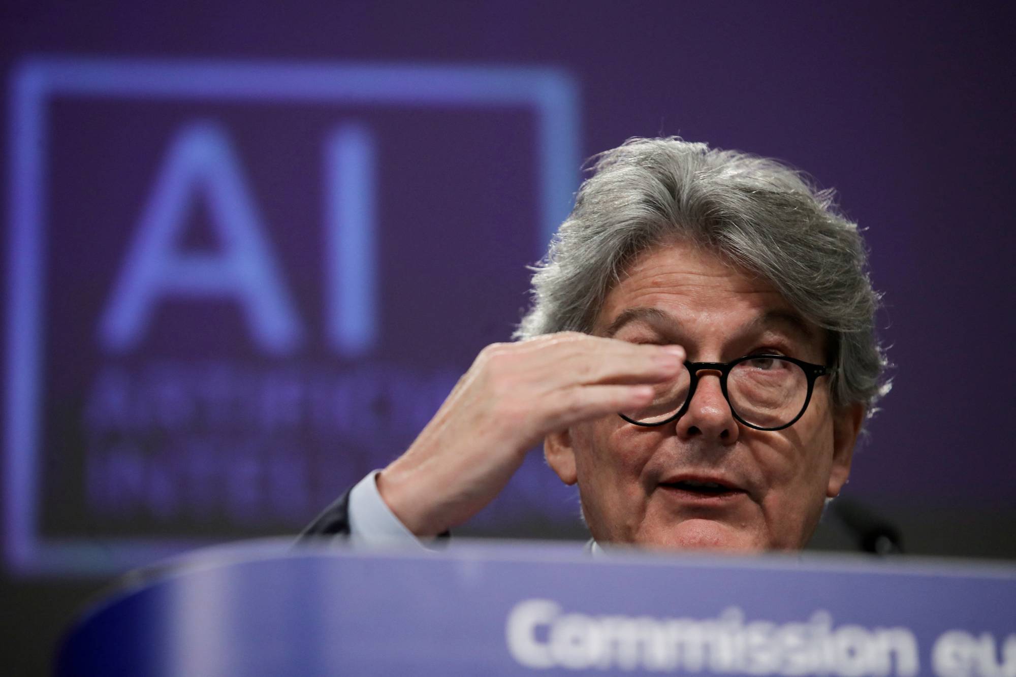 European Internal Market Commissioner Thierry Breton speaks at a media conference on the EU approach to Artificial Intelligence following a weekly meeting of the EU Commission in Brussels in April 2021. | REUTERS