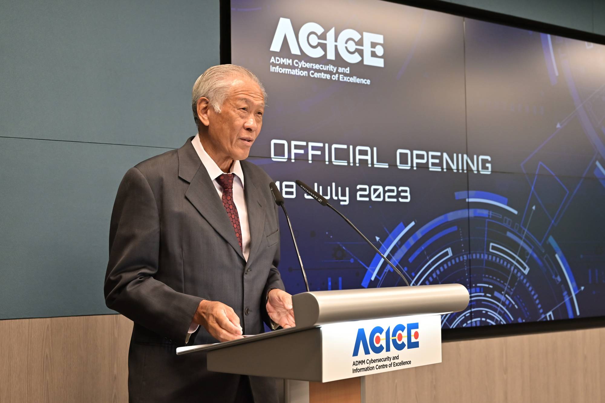 Singapore Defense Minister Ng Eng Hen presides over a ceremony for the official opening of a key ASEAN cybersecurity center at Changi Naval Base on Tuesday. | SINGAPORE DEFENCE MINISTRY