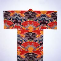 Blossoming tradition: Bingata costume decorated with a design of plum and cherry blossoms, bamboo grass and Monochoria flowers (19th century). | MATSUZAKAYA COLLECTION