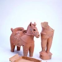 \"Horse,\" \"Sumo Wrestler\" and \"Chair,\" haniwa figures excavated from Ishiya Tumulus, Shimane Prefecture (Kofun Period, mid-5th century) | MATSUE CITY BOARD OF EDUCATION, SHIMANE