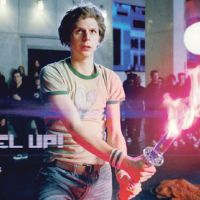 Cera’s character, Scott, prepares to do battle with one of his girlfriend’s evil ex-boyfriends in “Scott Pilgrim Vs. the World.” Wright, Cera get 1-up in 'Scott Pilgrim Vs. the World'