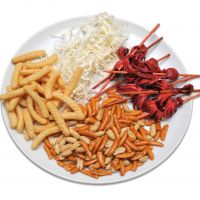 Some common drinking snacks to take home include (clockwise from top) saki-ika (dried squid), kushisu-dako (vinegared octopus skewers), kaki-pi (kaki-no-tane crackers with peanuts) and Kappa Ebisen (shrimp-flavored chips). | YOSHIAKI MIURA