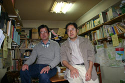 Tried, convicted: Toshiyuki Obora (left) and Nobuhiro Onishi of the Tachikawa Tent Village pose in the antiwar group’s cluttered office. Tachikawa Three claim ruling marks 'crisis for Japan and its democracy'