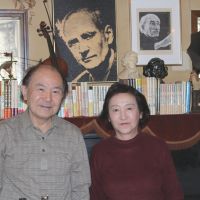 Good harmony: Hideyo Miyamoto (left), 75-year-old owner of Cafe Chopin, one of only about 10 meikyoku kissa (classical music cafes) left in Tokyo, poses with his wife, Setsuko, 67, at their shop in Toshima Ward in December. | KYODO