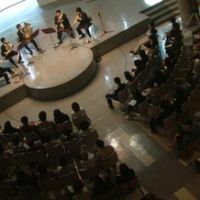 Welcome to the cheap seats: A brass quintet performs at Sendai City Youth Cultural Center as part of 2007\'s Sendai Classical Music Festival, where all tickets are &#165;1,000. | ROBBIE SWINNERTON PHOTOS