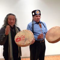 They bang the drums: New-age musician Kitaro (left) and Native American leader Dennis Banks meet up in Tokyo at a party that showcased their joint album, \"Let Mother Earth Speak.\" | SACHIKO TAMASHIGE