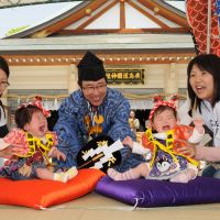 The crying game: Two toddlers battle it out through tears during Gokoku Shrine\'s annual naki-zumo (crying baby sumo) event. | GOKOKU SHRINE