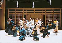Opening with a look at mid-19th century Japan (above), then a closed country, Stephen Sondheim’s “Pacific Overtures” romps through the arrival of foreign dignitaries (below) who torment the hapless shogun (Ben Hiura). A musical that rewrites history
